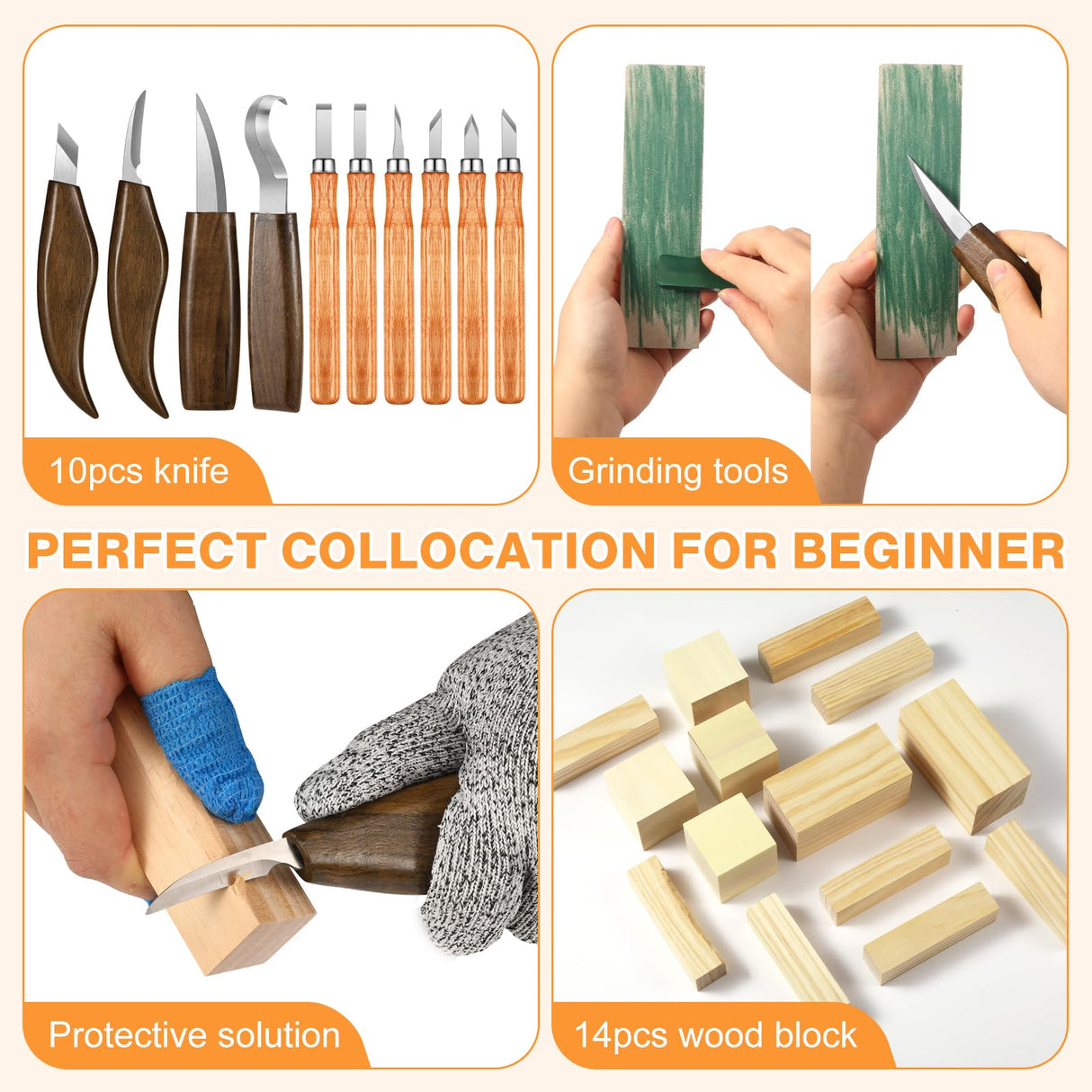 KINGBRO 42PCS Wood Carving Kit for Beginners,14 Basswood, Wood Whittling Kits for Beginner and Kids, Wood Carving Tools with Safety Protection. 10pcs Wood Carving Knife with 14pcs Wood Block. KINGBRO