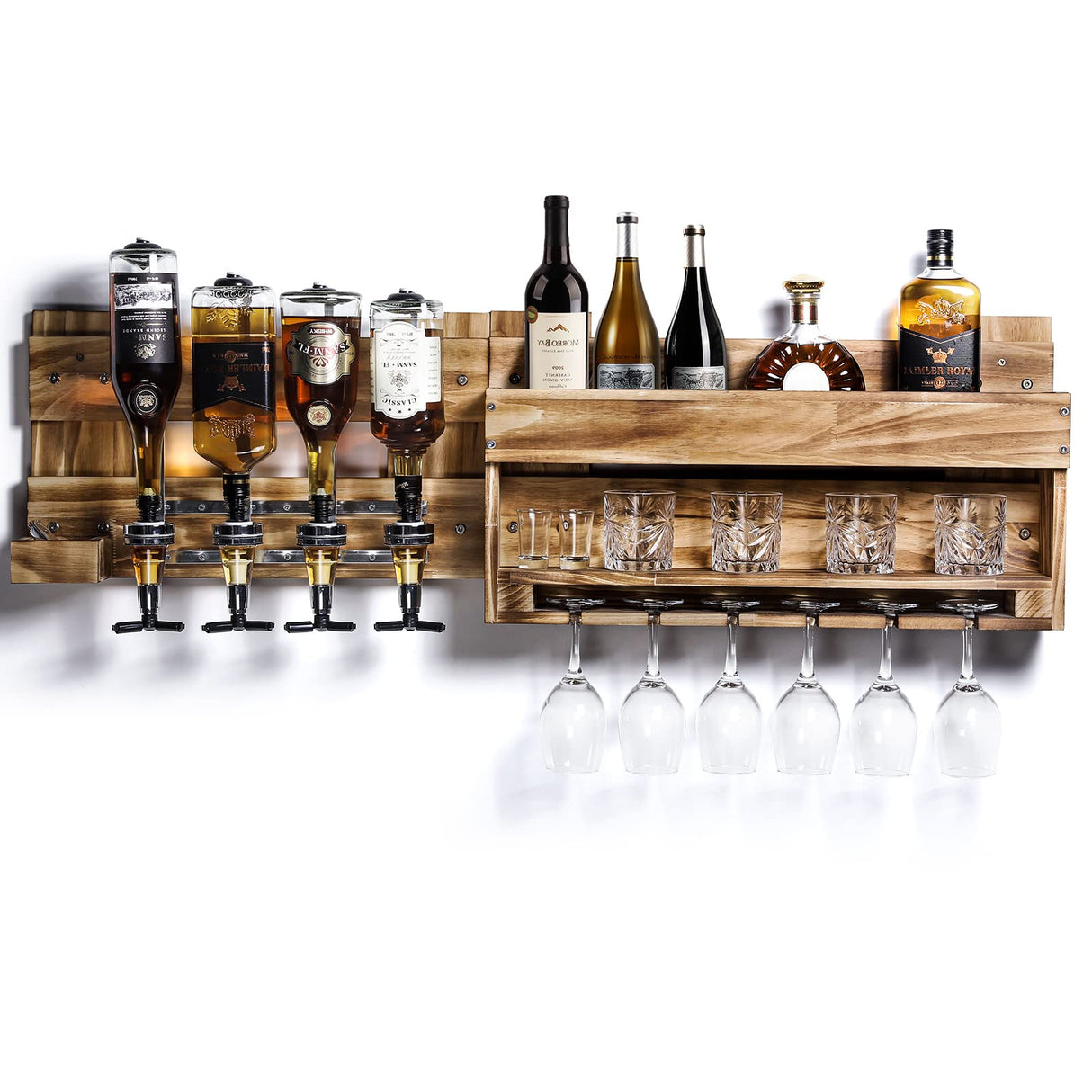 Homde Wine Rack Wall Mounted Wood Wine Shelf with Bottle Stemware Glass Holder Rustic Wine Display Storage Rack with 4-Bottle Liquor Dispenser for Home Bar Kitchen Decor (Regular Without LED) Homde