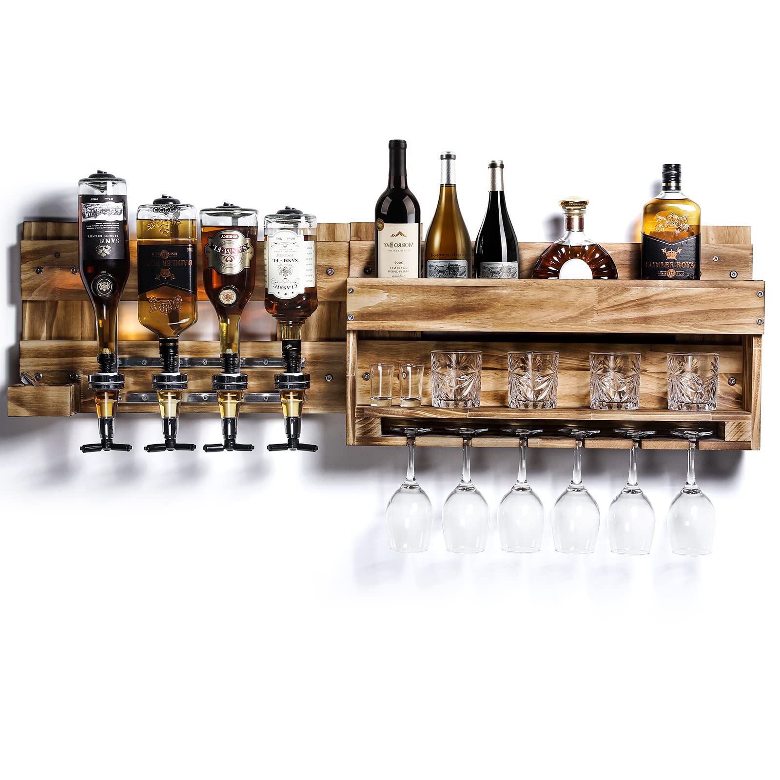 Homde Wine Rack Wall Mounted Wood Wine Shelf with Bottle Stemware Glass Holder Rustic Wine Display Storage Rack with 4-Bottle Liquor Dispenser for Home Bar Kitchen Decor (Regular Without LED) - WoodArtSupply