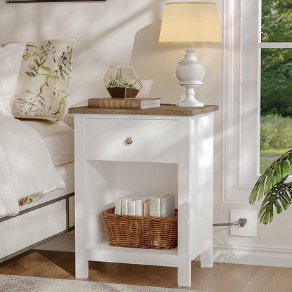 ChooChoo Farmhouse Nightstand with Charging Station, Wooden Top Bedside End Table with Drawer and Storage Space for Bedroom, White - WoodArtSupply