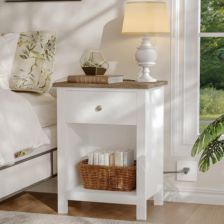 ChooChoo Farmhouse Nightstand with Charging Station, Wooden Top Bedside End Table with Drawer and Storage Space for Bedroom, White ChooChoo