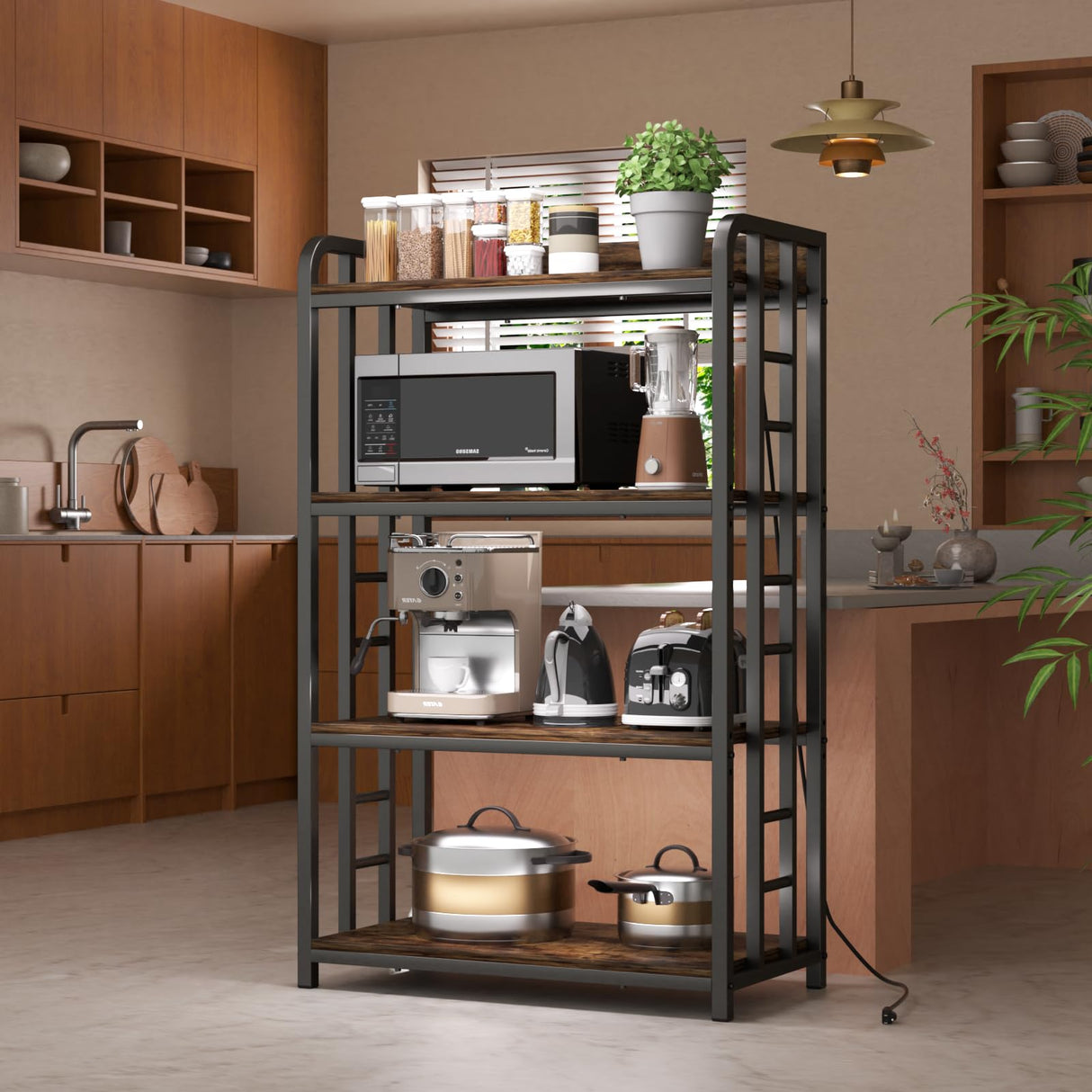 TIFFLOI 4-Tier Rustic Brown Bakers Rack, Black Frame, Top Power Outlet, 70lbs/Shelf, 2 Adjustable Shelves, Small Kitchen & Coffee Bar TIFFLOI