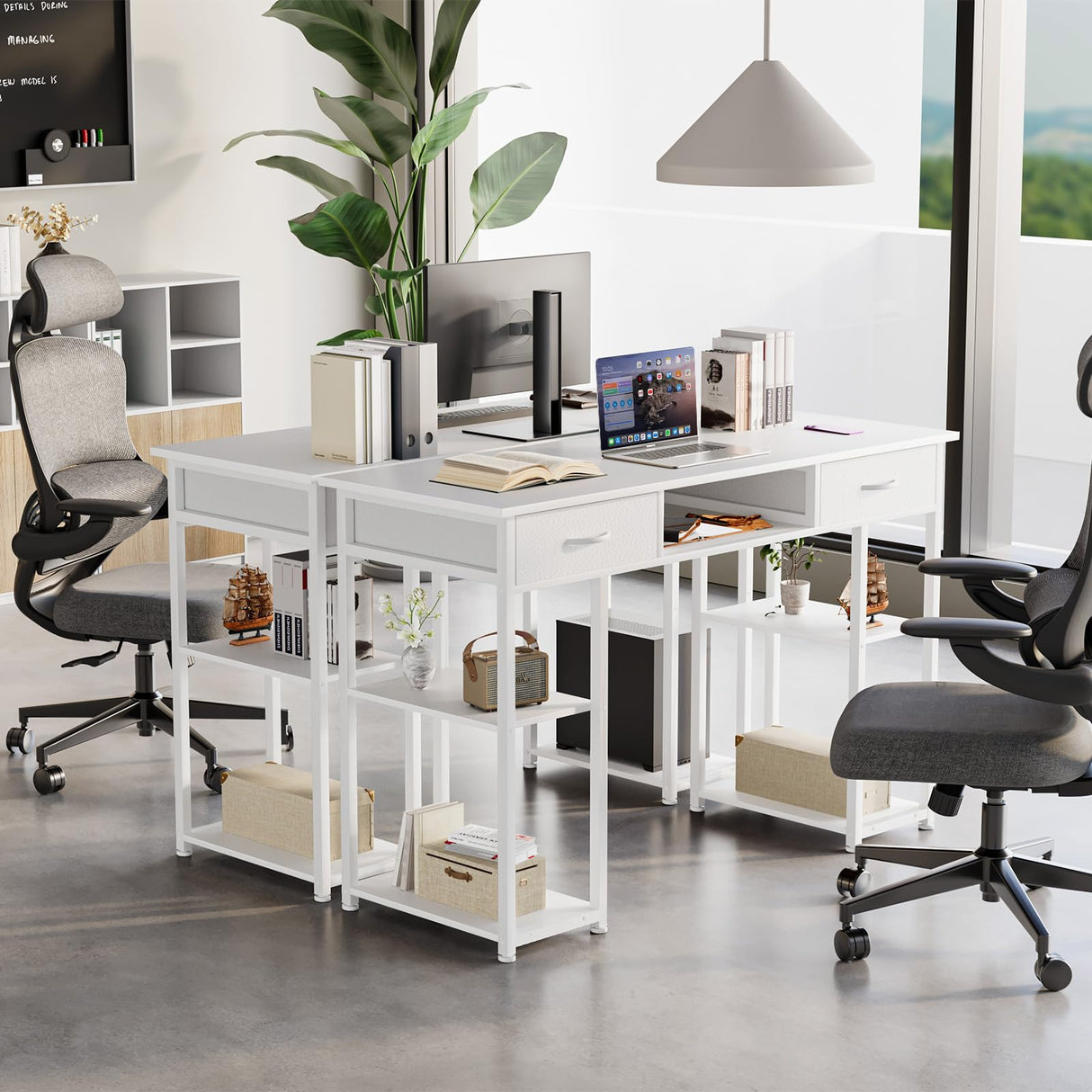 Sweetcrispy Computer Desk - 48 Inch Home Office Bedroom Writing Study PC Table with Fabric Drawers Storage Shelves Space Side Bag Headphone Hook Metal Frame Adjustable Feet, White Sweetcrispy