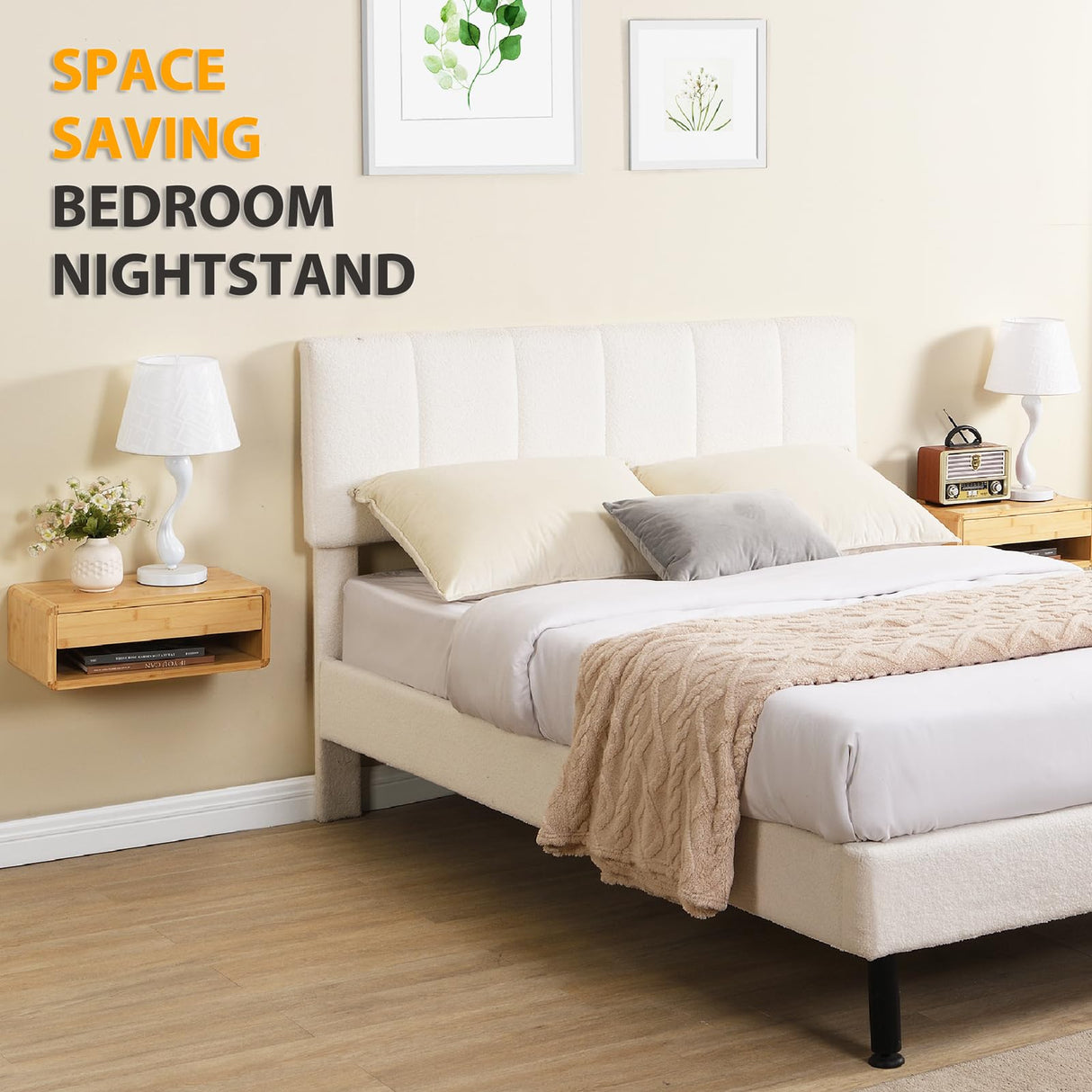 GugiNest Bamboo Floating Nightstand with Storage Drawer, Fully Assembled Wall Mounted Bedside Table with Open Shelf, Modern End Table for Bedroom, Natural GugiNest