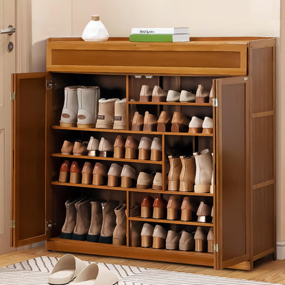 ADOREMHY Bamboo Shoe Storage Cabinet with Flip Door, 7 Tier Freestanding Shoes Heels Sneakers Shoe Rack Shelf for 36-40 Pairs, Entryway Shoe Cabinet with 2 Folding Doors for Hallway Living Room