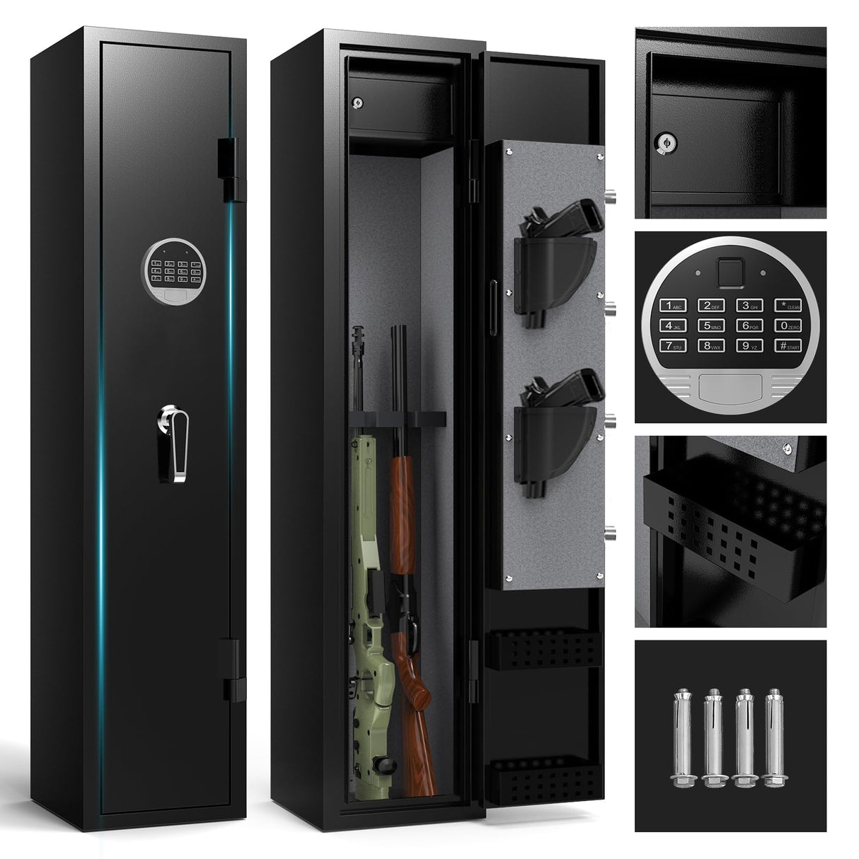 ANXINWEI Gun Safe, 3-5 Gun Cabinet with Separate Locker, Gun Safe for Rifles and Pistols with Dual Alarm and Mute Mode, Shotgun Safe with LED Light, Rifle Safes for Home with Removable Shelf ANXINWEI