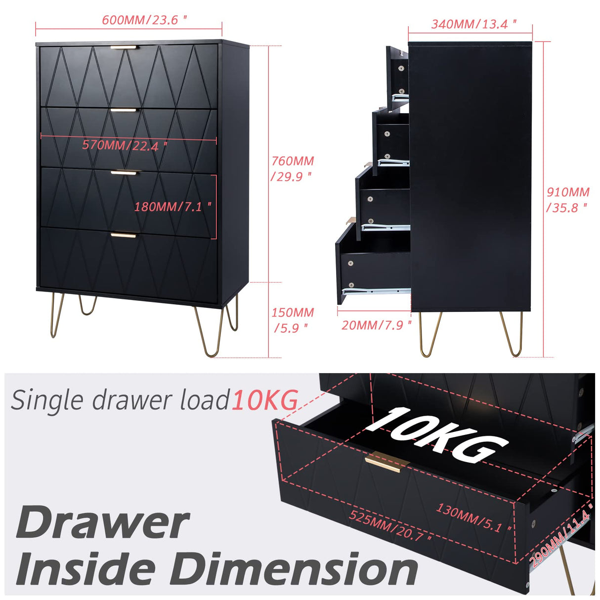 UEV 4 Drawer Dresser,Chest of Drawers,Wooden Dresser with 4 Metal Legs,Tall Dresser with Anti-Tipping Device,Dresser Set for Bedroom,Living Room (Black) UEV