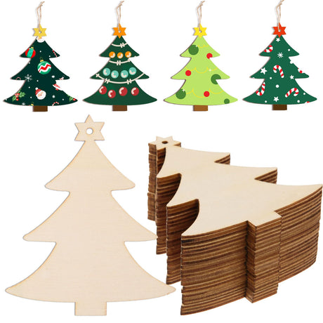 AWIZOM 72 Pcs Wooden Christmas Tree Ornaments Wood Christmas Tree to Paint Unfinished Christmas Wood Cutouts Blank Wooden Christmas Tree Slice with Twine for DIY Crafts Tags Xmas Decoration,3.94x3.35 AWIZOM