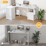 White L Shaped Desk with File Cabinet, 53 Inch Corner Office Desk with Storage Drawers Reversible, L-Shaped Computer Desks with Filling Drawer & Power Outlets for Home Office PC Work Study Wiriting DLisiting