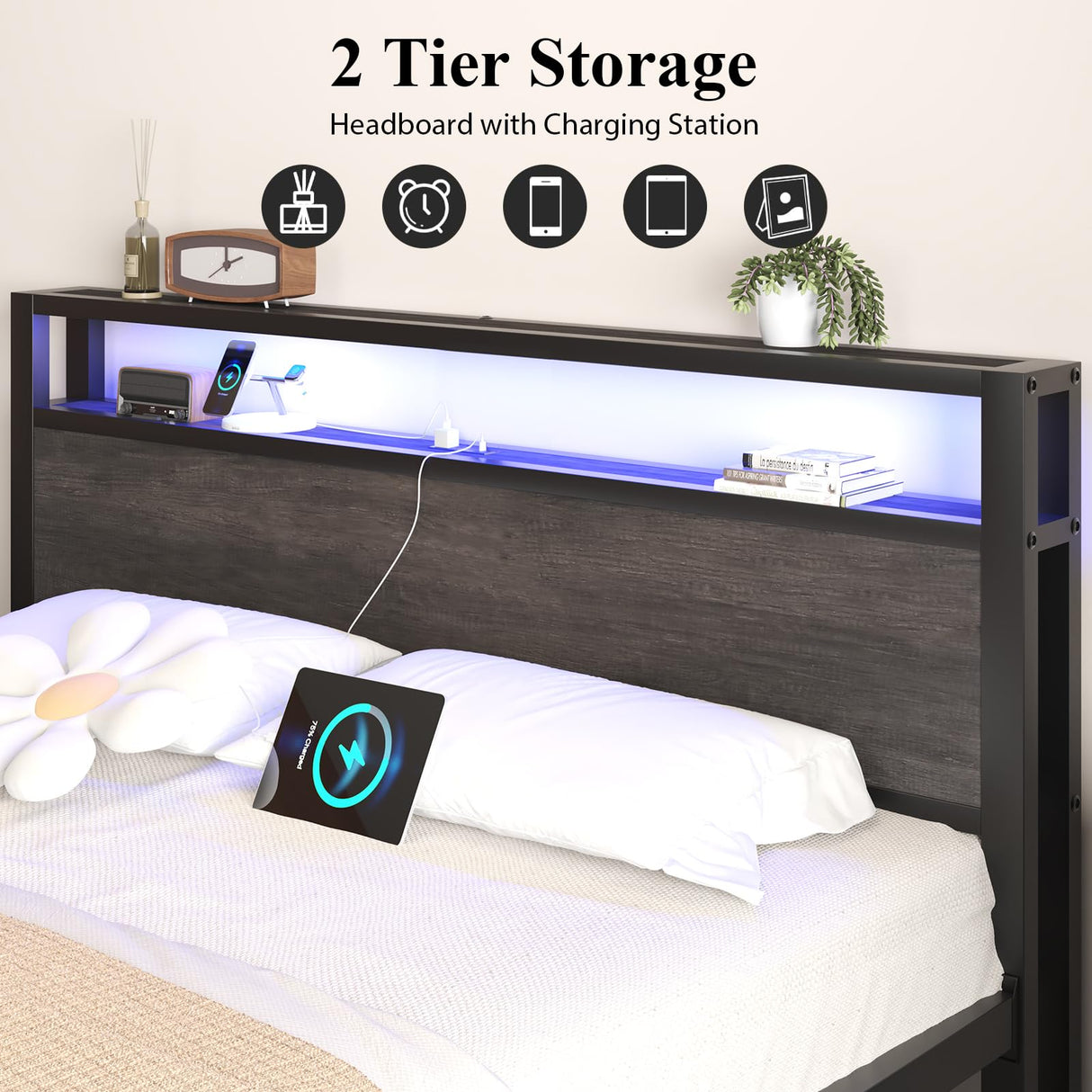 LOEWAY Queen Size Bed Frame with LED Lights and Charging Station, Industrial Platform Bed with Storage Headboard, Heavy Duty Metal Slats, No Box Spring Need, Noise Free, Grey LOEWAY