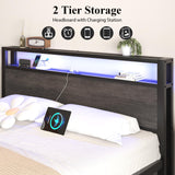 LOEWAY Queen Size Bed Frame with LED Lights and Charging Station, Industrial Platform Bed with Storage Headboard, Heavy Duty Metal Slats, No Box Spring Need, Noise Free, Grey LOEWAY