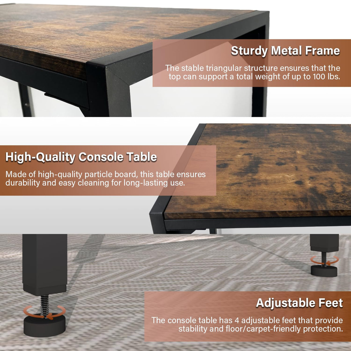 Tigerden Industrial 33" Narrow Console Table, Sofa Table for Entryway, Couch Table, Entrance Side Table for Hallway, Living Room, Foyer, Corridor, Bedroom, Rustic Brown and Black Tigerden