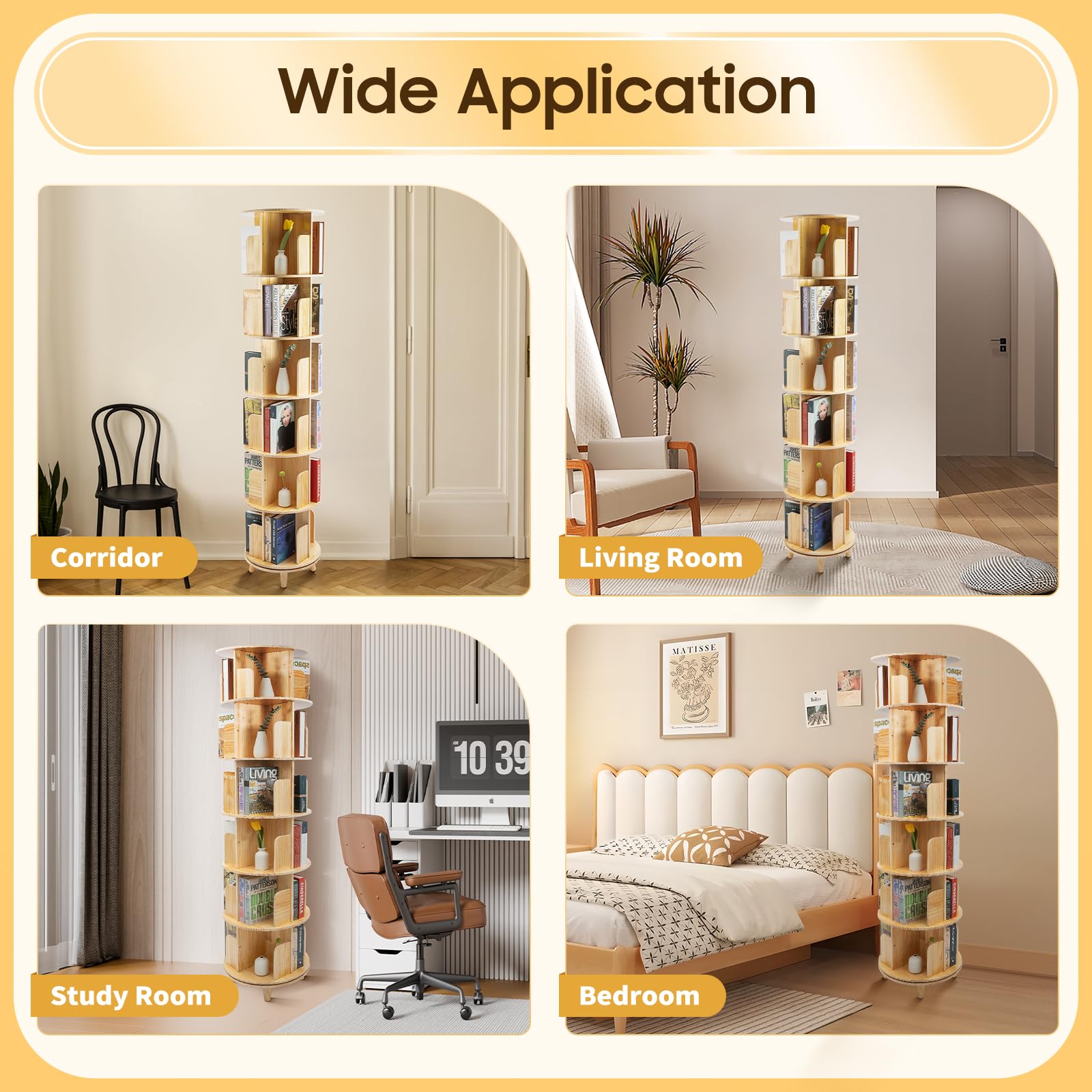 HAOREBAIYU 6-Tier Rotating Pine Wood Bookshelf - Multi-Functional 360° Revolving Storage Rack for Home & Office - WoodArtSupply