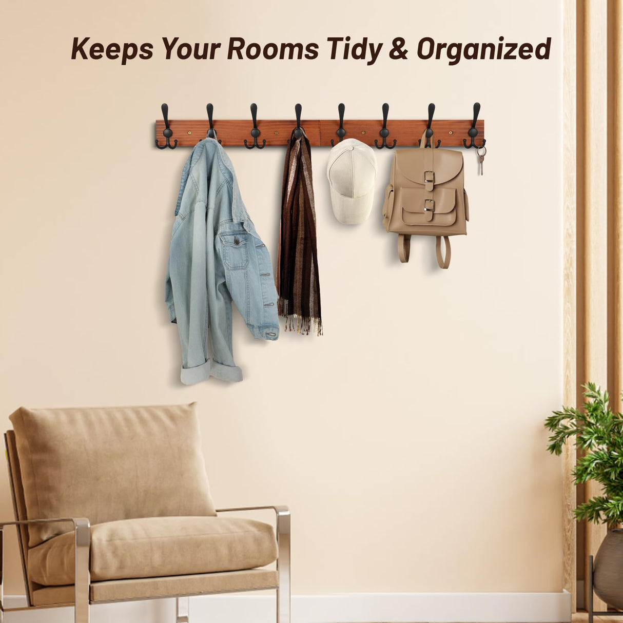 Gohiuo Rustic 32.2" Large Coat Rack Wall Mount, Long Wood Coat Hooks Wall Mount with 8 Triple Hooks, Heavy Duty Wooden for Entryway, Farmhouse Hanging Jackets, Coats, Hats, Bags,Towel Gohiuo