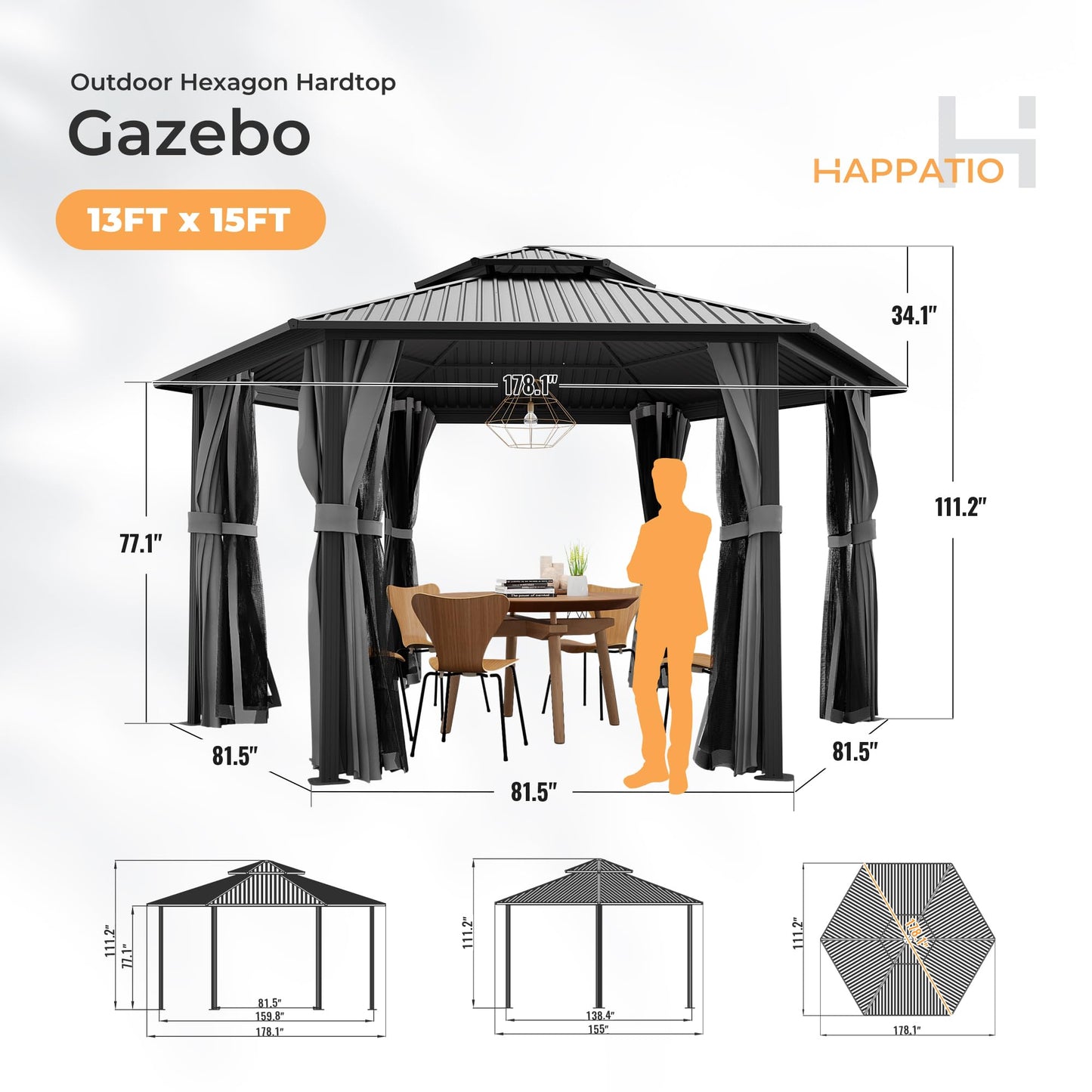 HAPPATIO 15' x 15' Hardtop Gazebo, Outdoor Hexagonal Gazebo with Galvanized Steel Roof, Aluminum Gazebo with Curtains and Netting, Metal Permanent Gazebos for Patios, Gardens, and Lawns (Gray - WoodArtSupply