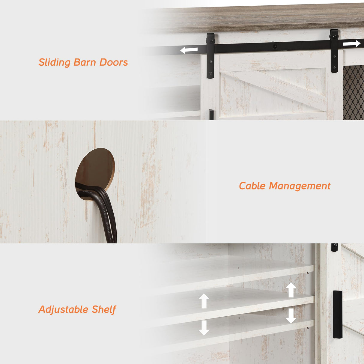 WAMPAT Farmhouse TV Stand for ups to 75 inch TV, Wooden Entertainment Center with Mesh Barn Doors, Media Console with Storage Shelf for Living Room Bedroom, Rustic Oak and White WAMPAT