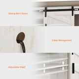 WAMPAT Farmhouse TV Stand for ups to 75 inch TV, Wooden Entertainment Center with Mesh Barn Doors, Media Console with Storage Shelf for Living Room Bedroom, Rustic Oak and White WAMPAT