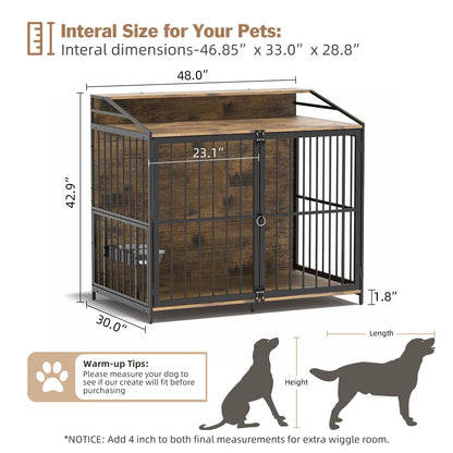 48" Furniture Style Large Dog Crate with 360° & Adjustable Height Feeder 2 Stainless Bowls, Double Door Wooden End Table House Kennel Indoor Use for Dogs - WoodArtSupply