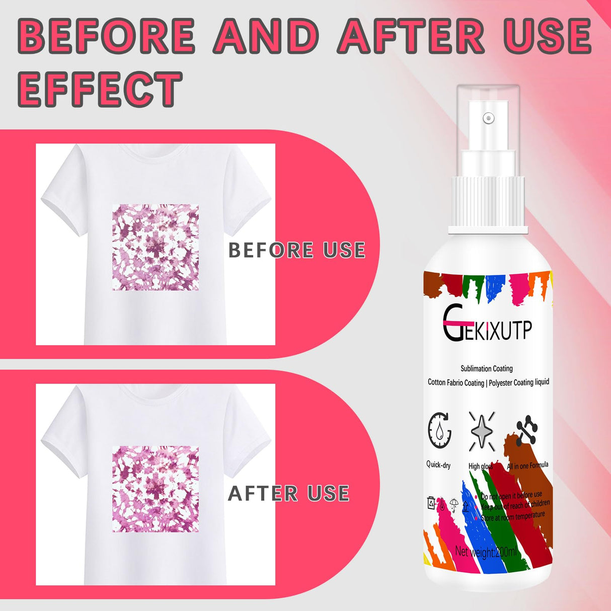 GEKIXUTP 200 ml Sublimation Spray for Cotton Tshirts,Sublimation Coating Spray for T-Shirts,Canvas, Polyester Fabric,Quick Dry, High Gloss,Polyester Spray for Sublimation GEKIXUTP