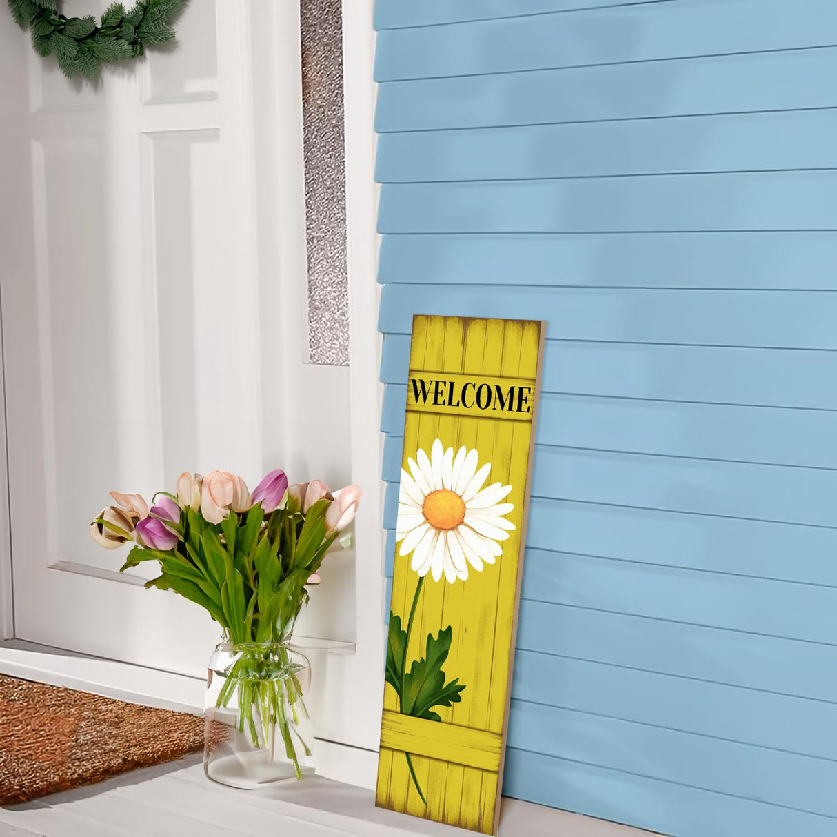 Spring Welcome Wooden Sign, Rustic Daisy Porch Sign for Front Door Decorations, Hello Spring Decor Home Hanging Signs Wall Sign 31.5"H PEROUU