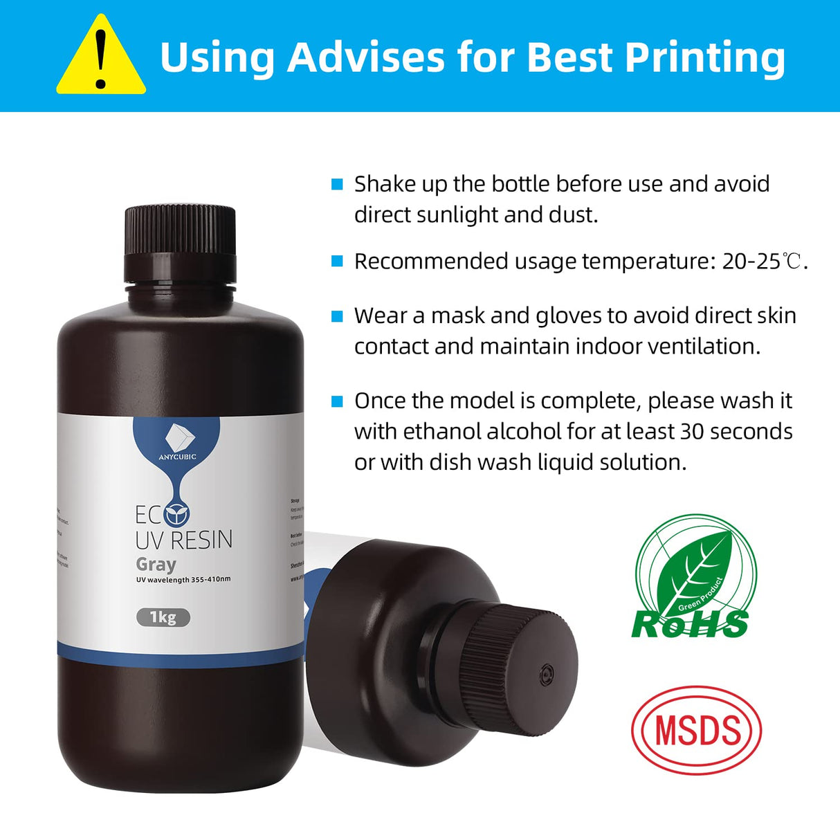 ANYCUBIC 3D Printer Resin, 405nm UV Plant-Based Rapid Resin, Low Odor, Photopolymer Resin for LCD 3D Printing, 500g Grey ANYCUBIC