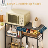 Consumest Bakers Rack with Storage - Microwave Stand and Coffee Bar Cabinet, Multifunctional Pan Organizer with 6 Hooks and 2 Shelves, Microwave Cart for Kitchen, Living Room, Grey&Black Consumest