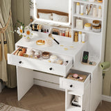 Vabches 35" Vanity Desk with Mirror and Lights, Farmhouse Makeup Vanity with Drawers & Power Outlet, Vanity Table with 3 Color Modes, Vanity Desk for Bedroom, White Vabches