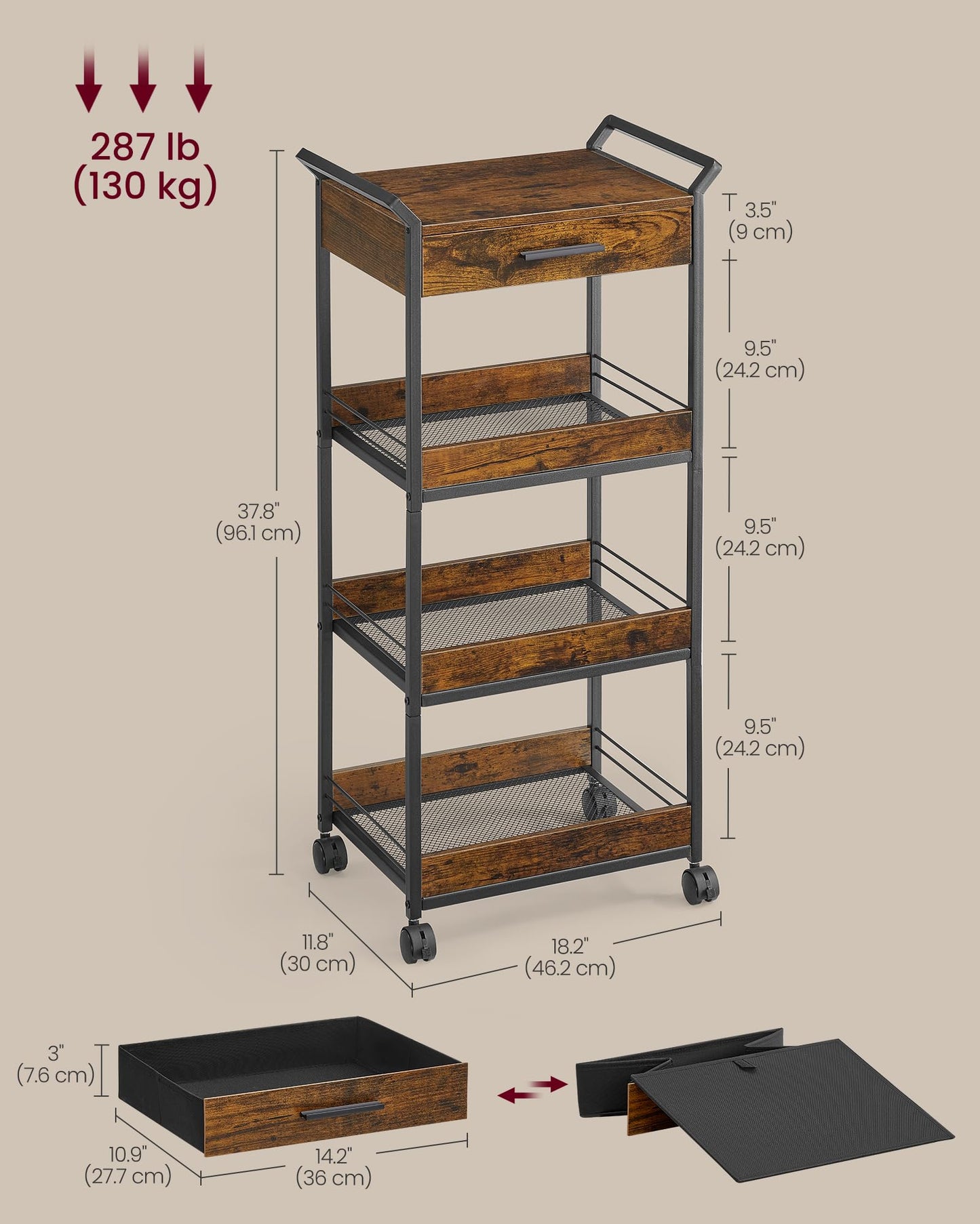 VASAGLE Storage Cart, 4-Tier Rolling Utility Cart with Table Top, Handles, 4 Lockable Casters, Top Drawer, Mesh Shelves, for Kitchen, Bathroom, Bedroom, Rustic Brown and Ink Black ULRC049K01