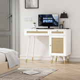 Anmytek Rattan Vanity Desk with Drawers and Storage, White Makeup Vanity Table Modern Home Office Desk Computer Desk for Study D0006 Anmytek