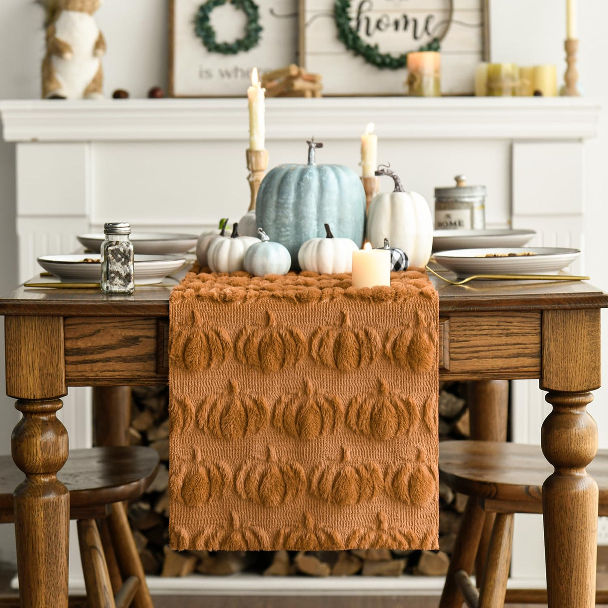 Artoid Mode Caramel Soft Plush Faux Fur Jacquard Pumpkins Fall Table Runner, Seasonal Autumn Kitchen Dining Table Decoration for Home Party Decor 13x72 Inch Artoid Mode