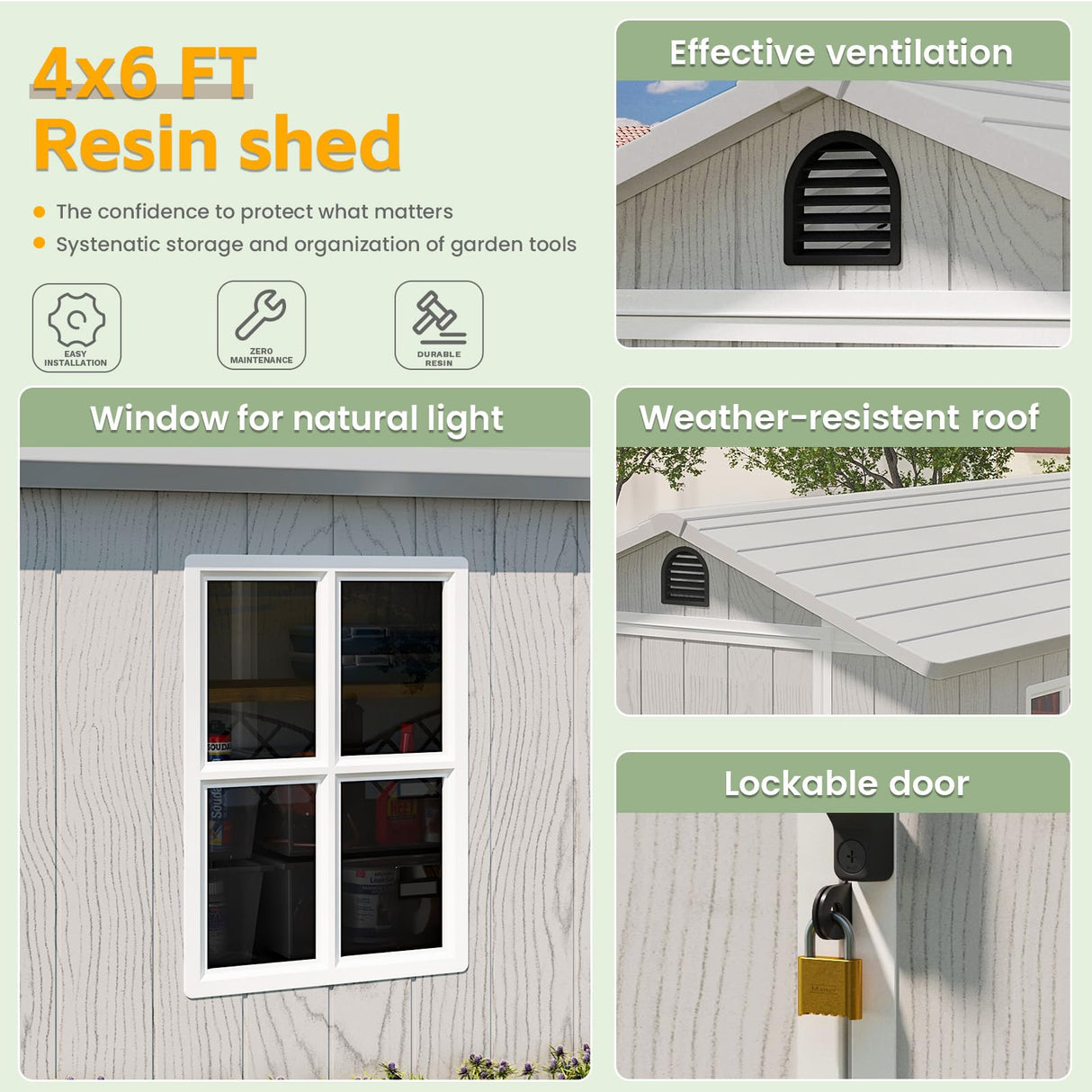 Patiowell 4' x 6' Outdoor Storage Shed with Floor, Plastic Shed Outside Resin Tool Shed with Window and Lockable Door for Backyard Garden Patio Lawn, White (Fit-it Shed) Patiowell