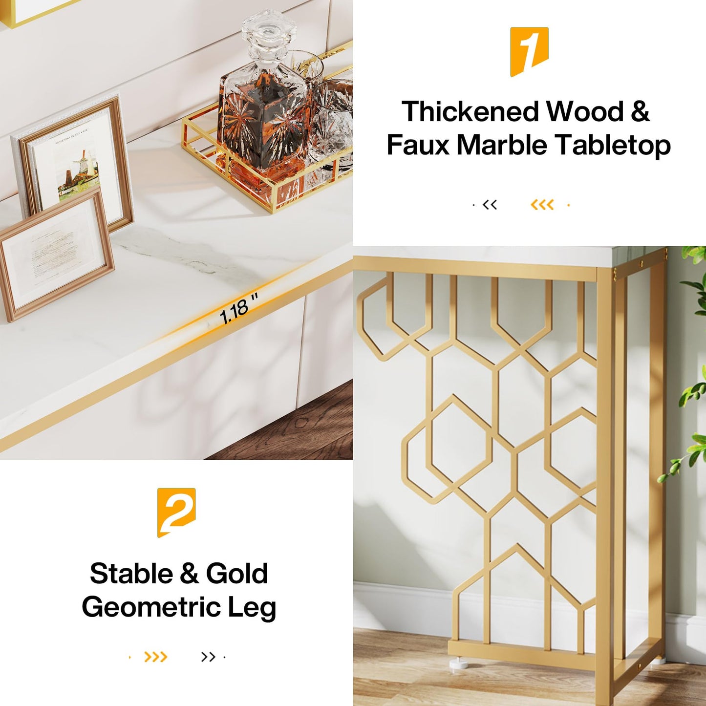 Tribesigns Modern Console Table, 70.87" Long Entryway Table for Living Room, Hallway, Entrance, Front Door, Foyer Sofa Table with Geometric Gold Frame & Faux Marble White Tabletop - WoodArtSupply