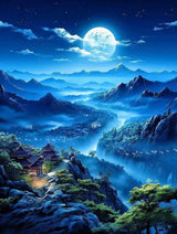 PINFFSHU 5D Diamond Painting Kit for Adults & Beginners, Full Drill Moonlit Mountain Blue Landscape DIY Craft Diamond Art Kits, Home Wall Decor Diamond Dots Picture 12x16 Inches PINFFSHU