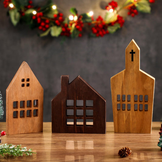 Yousoontic 3 Pcs House Shaped Wooden Sign Block Farmhouse Tabletop Christmas Decorations Christmas Village Rustic Wood Houses Cutouts Decor for Tiered Tray Home Table Shelf Fireplace(Farmhous - WoodArtSupply