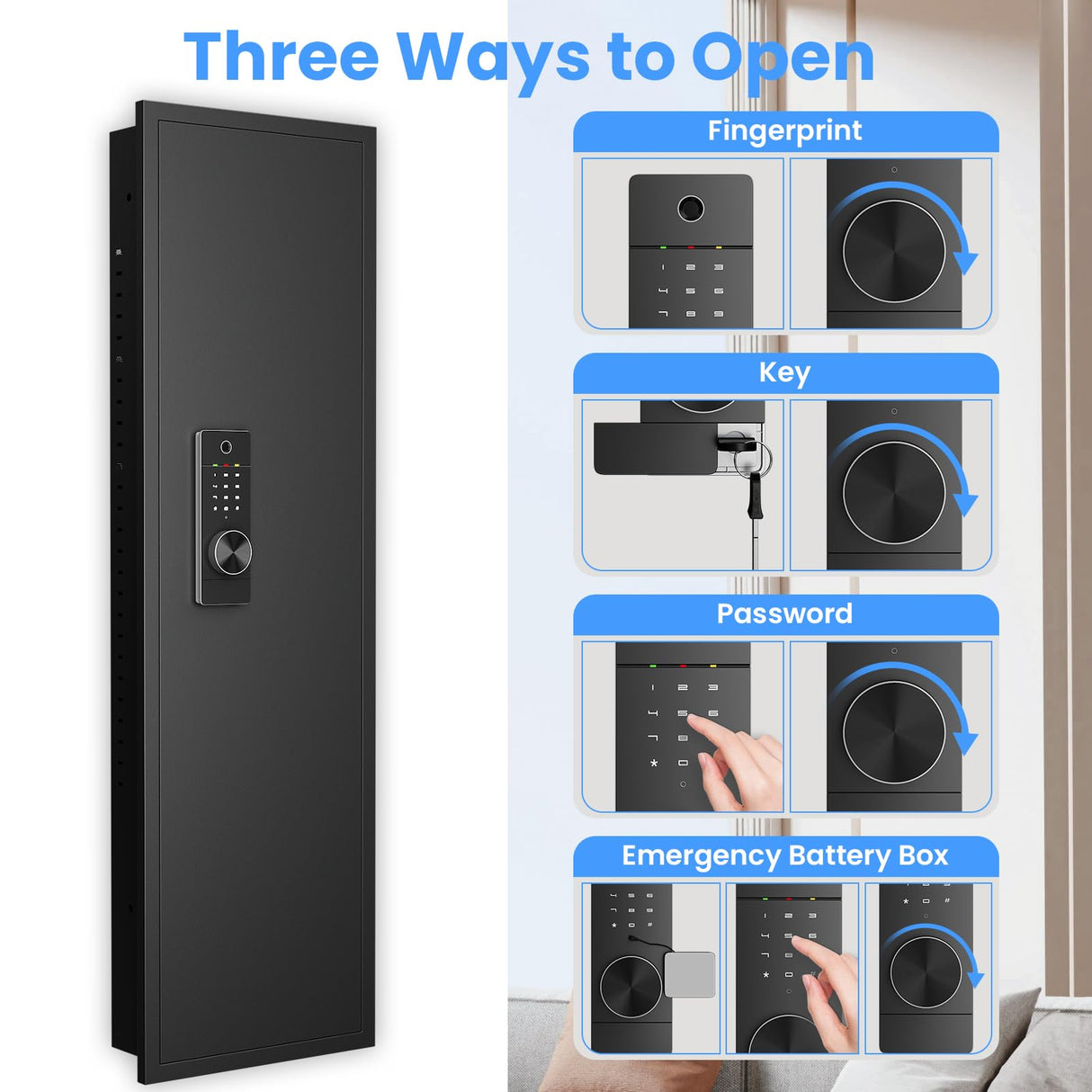 silkight 【2024 New】 Wall Gun Safe, Fingerprint Wall Safe Between The Studs with Dual Alarm ＆ Mute Mode, Hidden Wall Gun Safe for Pistols with Adjustable Shelves, Magnetic Gun Support & Key Hook silkight