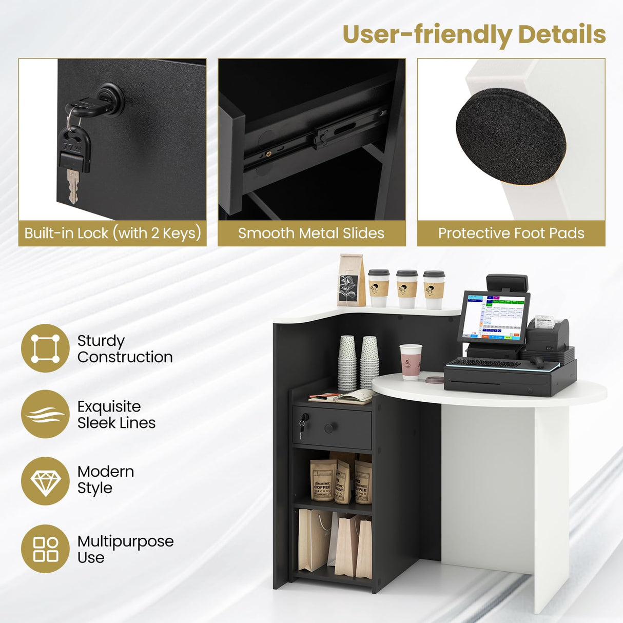 Byroce Reception Desk, Front Desk Reception Counter with Oval Desktop, Open Shelf & Lockable Drawer, Small Retail Checkout Counter Table, Wood Computer Workstation for Home, Office, Lobby & Salon WoodArtSupply