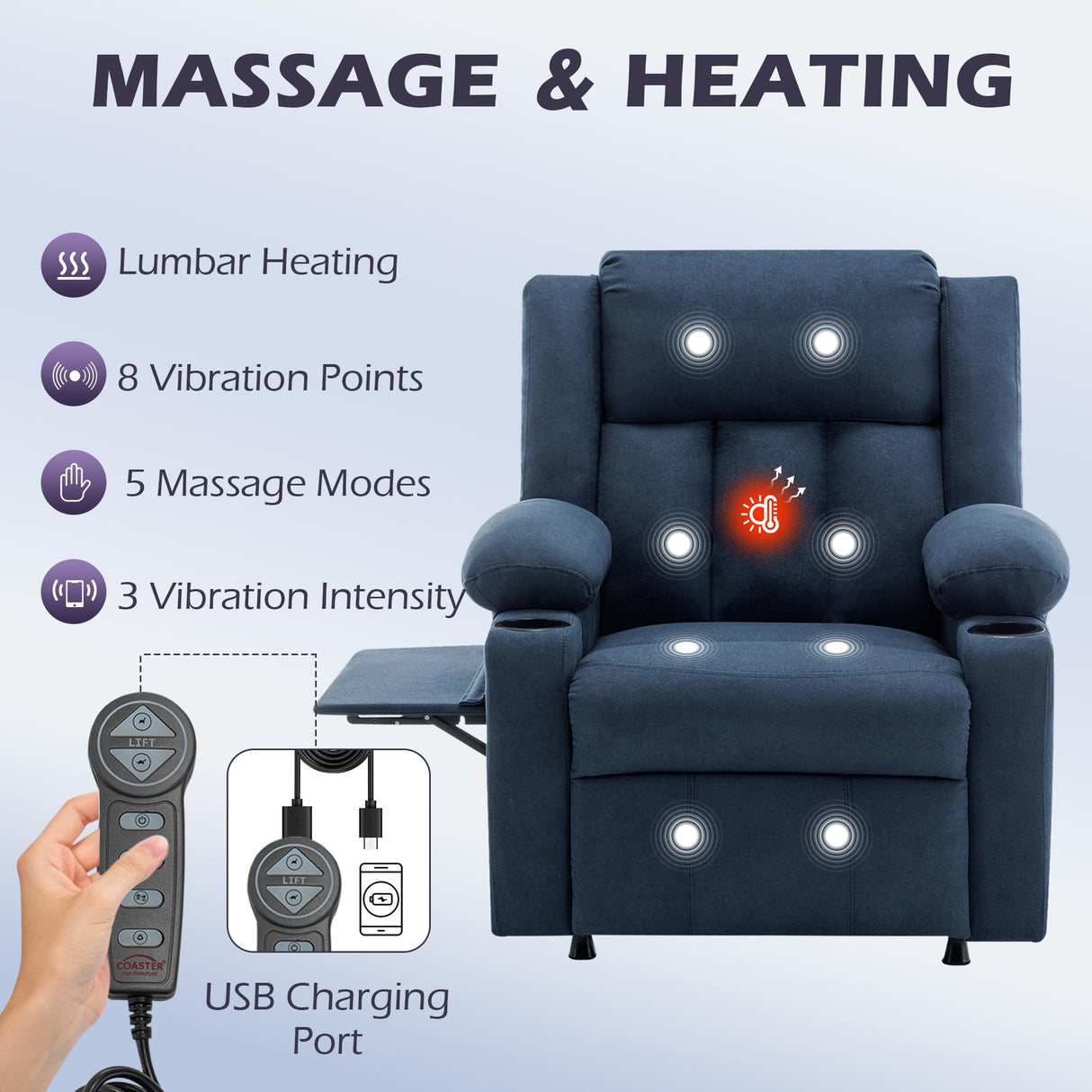 Apeaka Power Recliner Chair for Adults Single Sofa Recliner with Massage and Heat for Living Room Bedroom Upholstered Accent Reclining Armchair Blue Apeaka