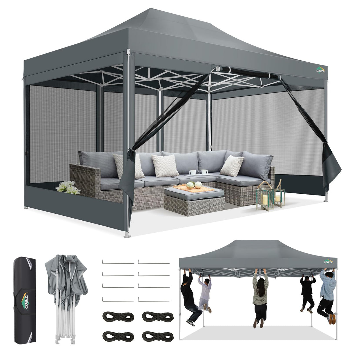 COBIZI 10x15 Canopy Tent, Heavy Duty Pop up Canopy with Sidewalls, Waterproof Easy Setup Canopy with Mosquito Netting, Outdoor Instant Screen Tents for Parties, Wedding, Backyard with Carry Bag, Gray COBIZI