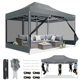 COBIZI 10x15 Canopy Tent, Heavy Duty Pop up Canopy with Sidewalls, Waterproof Easy Setup Canopy with Mosquito Netting, Outdoor Instant Screen Tents for Parties, Wedding, Backyard with Carry Bag, Gray COBIZI