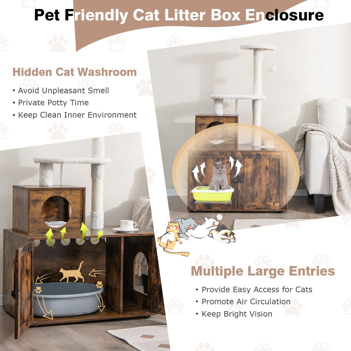 Tangkula 2-in-1 Litter Box Enclosure With Cat Tree Tower, Hidden Washroom With Condo, Plush Perch, Scratching Posts, Furniture With Divider for Indoor Cats (Rustic Brown) Tangkula