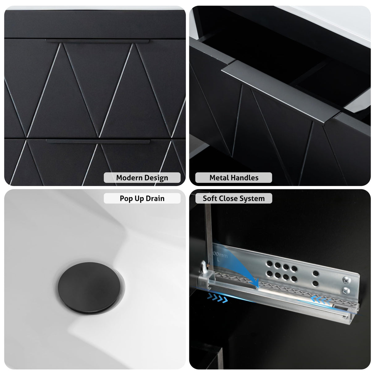 eclife 36" Bathroom Vanities Cabinet with Sink Combo, Wall Mounted Floating Cabinet W/Decor Line, Soft-Close System, 2 Extra Big Drawers, Matte Black Faucet, Black eclife