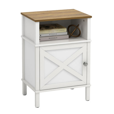 CIILAAILE Farmhouse Nightstand with Charging Station, White Bedside Table with USB&Type-C Ports and Outlets, End Table with Storage, Night Stand for Bedroom, White and Rustic Brown WGBZ0601WFE