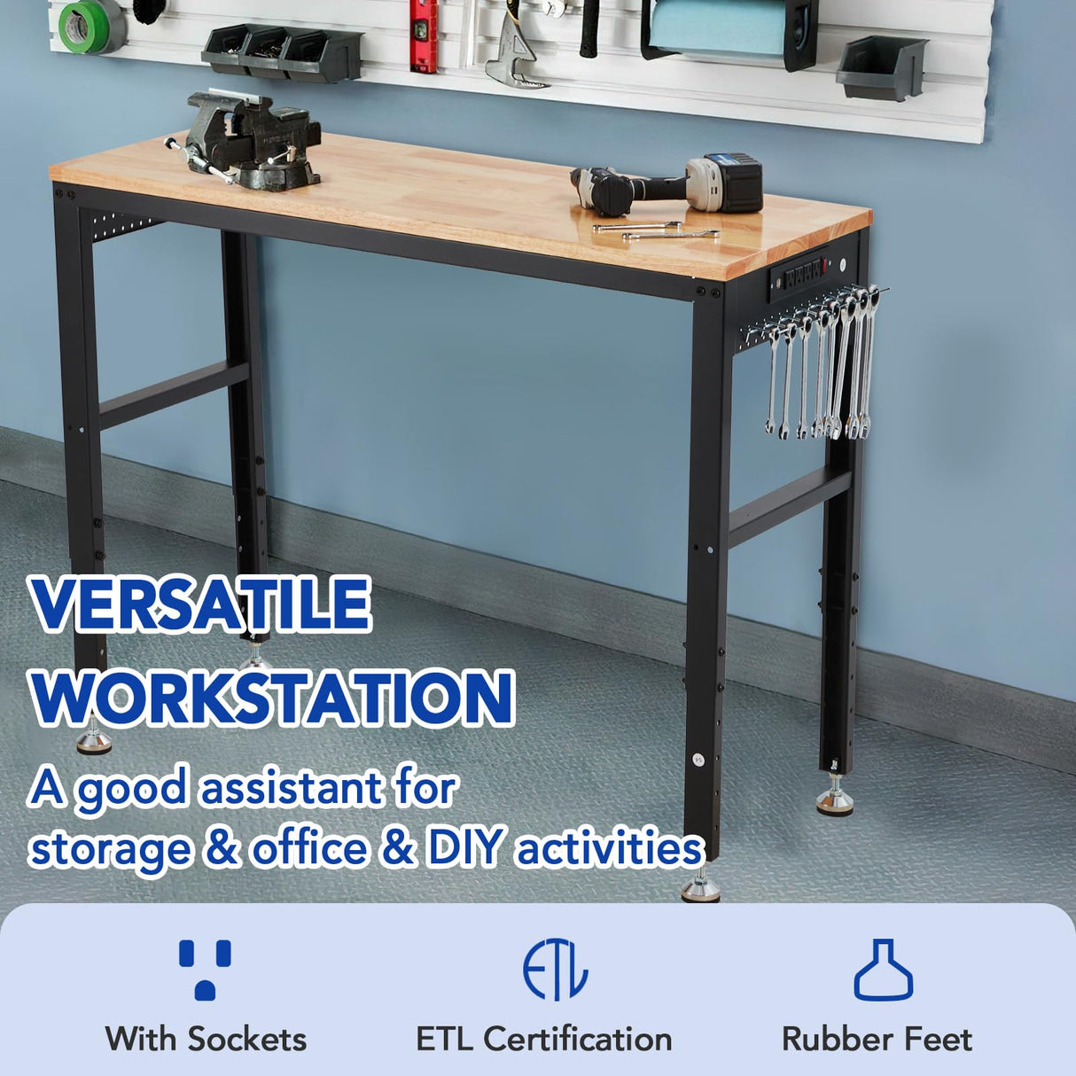 GarveeTech Adjustable Workbench 60"x20", 2000 lbs Load Capacity, Height Adjustable 29.5"-38.4", Ideal Heavy-Duty Garage Worktable with Built-in Power Outlet for Home, Office & Workshop GarveeTech