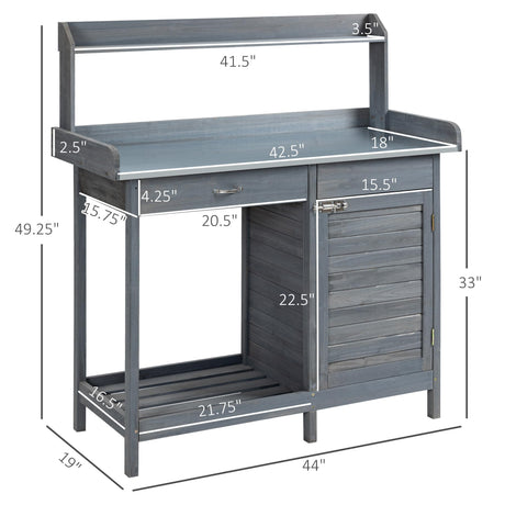 Outsunny Outdoor Potting Bench Table, Garden Work Station with Storage Cabinet, Open Shelf and Steel Tabletop, Gray Outsunny