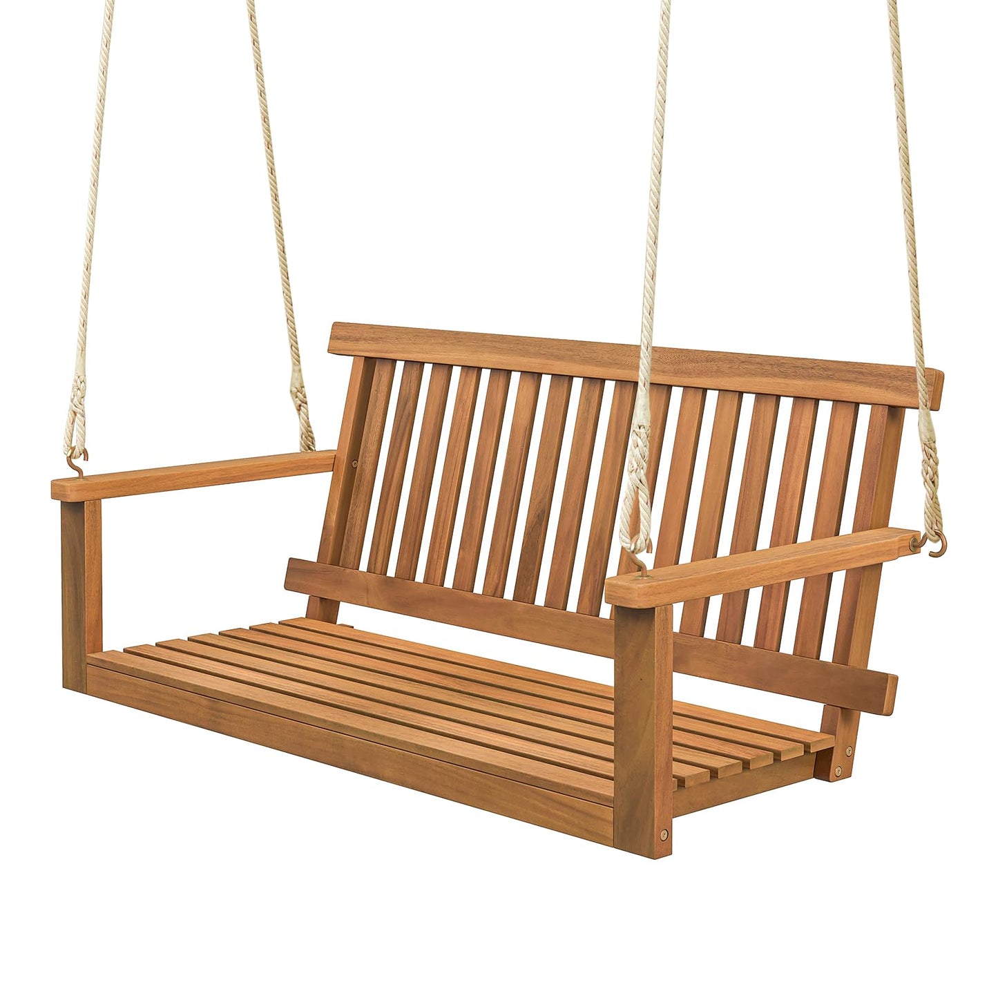 HAPPYGRILL 2-Person Acacia Wood Outdoor Porch Swing, Patio Swing Chair Patio Hanging Bench Chair with 800lb Weight Capacity and 8.2 ft Hanging Ropes - WoodArtSupply