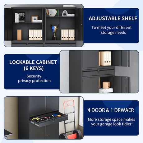Yizosh Metal Garage Storage Cabinet with Locking Doors and Adjustable Shelves, Tool Storage Cabinet with 1 Drawer - 71" Steel Locking Cabinet for Garage, Warehouse (Black) Yizosh