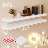 BAMEOS Floating Shelves with LED Lights, 31" White Wall Mounted Wooden Shelves with Invisible Brackets, Set of 2, Hanging Wall Shelves for Bedroom, Bathroom, Living Room and Kitchen Decoration BAMEOS