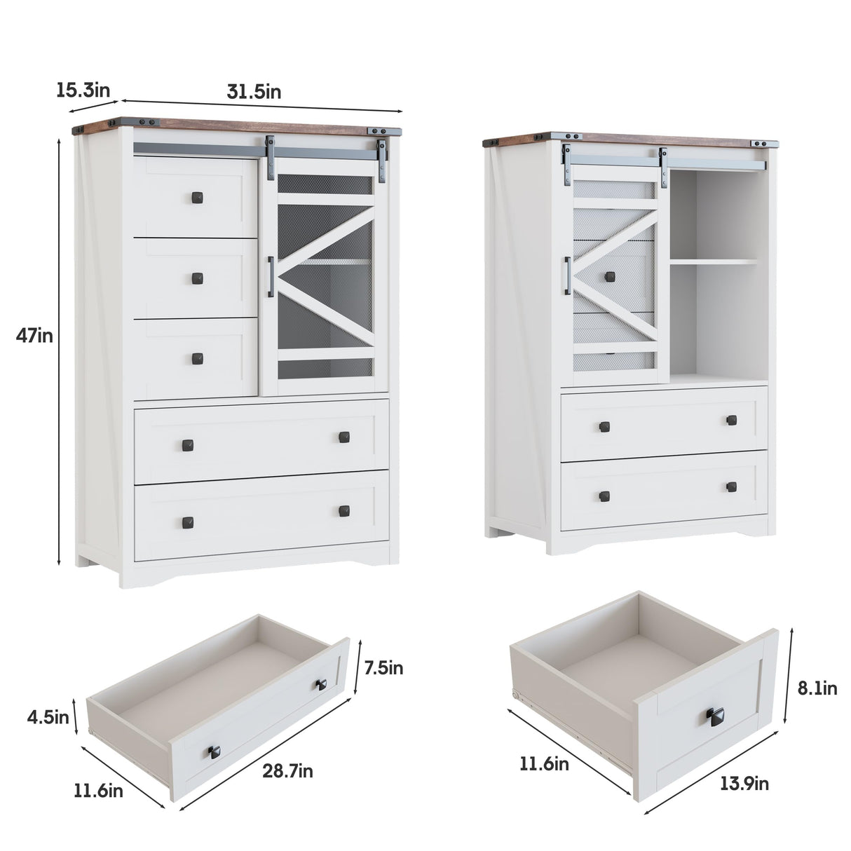 Vabches 5 Drawer Dresser, Sliding Barn Door, Farmhouse Tall Dresser Tall Chest of Drawers Storage Organizer Dresser for Bedroom Living Room, Entryway, White Vabches