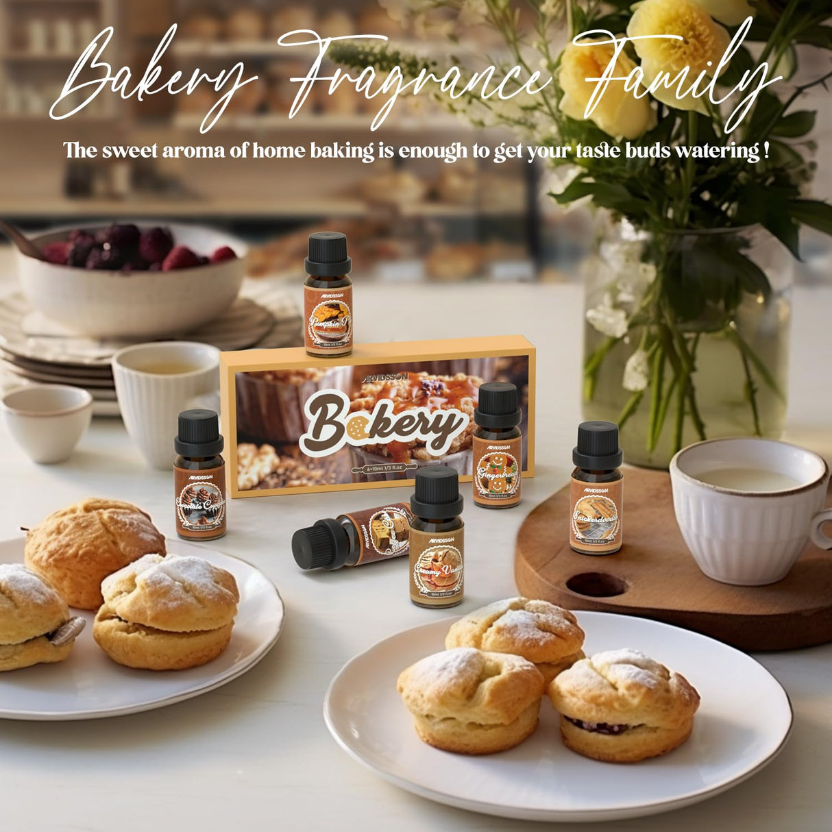 Bakery Fragrance Oils Set, ARVIDSSON Bakery Dessert Essential Oils for Candle Making, Pumpkin Pie, Snickerdoodle, Gingerbread, Creamy Vanilla and More, Cozy Fall Essential Oils for Diffuser ARVIDSSON
