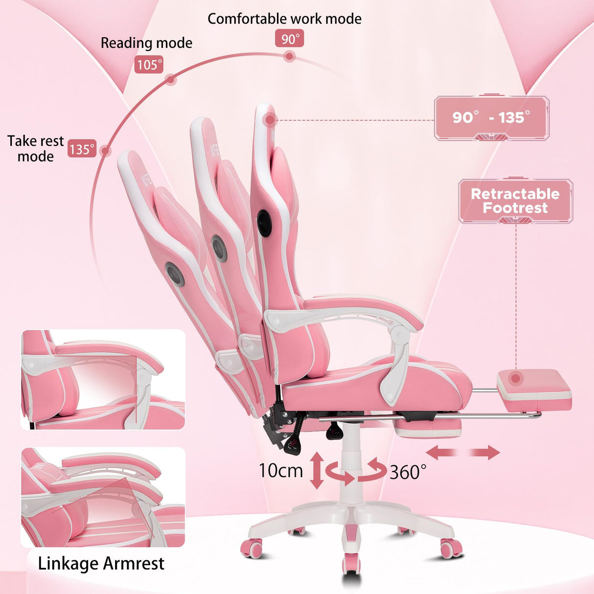 HOFFREE Pink Gaming Chair with Speakers and Massage Led Gaming Chair with Footrest Big and Tall Video Game Chair Reclining High Back Computer Desk Chair for Girls Pink and White HOFFREE